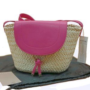 Fuschia & Natural Raffia Shoulder Flap Bag NWT